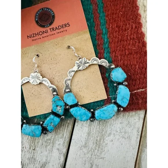 Handcrafted Turquoise & Sterling Silver Dangle Hoop Earrings